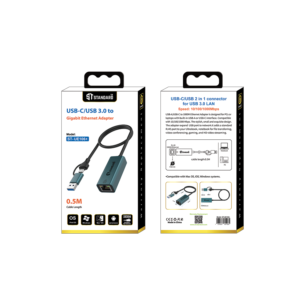 Standard ST-UE106+ Type-C & USB 3.0 10/100/1000Mpbs Gigabit Ethernet Adapter