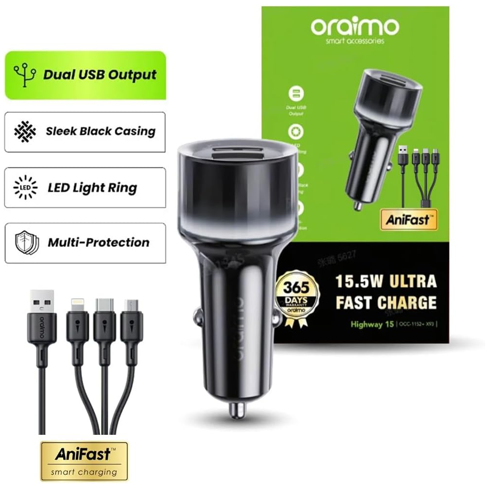 Oraimo OCC-1152D Dual USB 15.5W Fast Car Charger With 3-in-1 Cable - Black