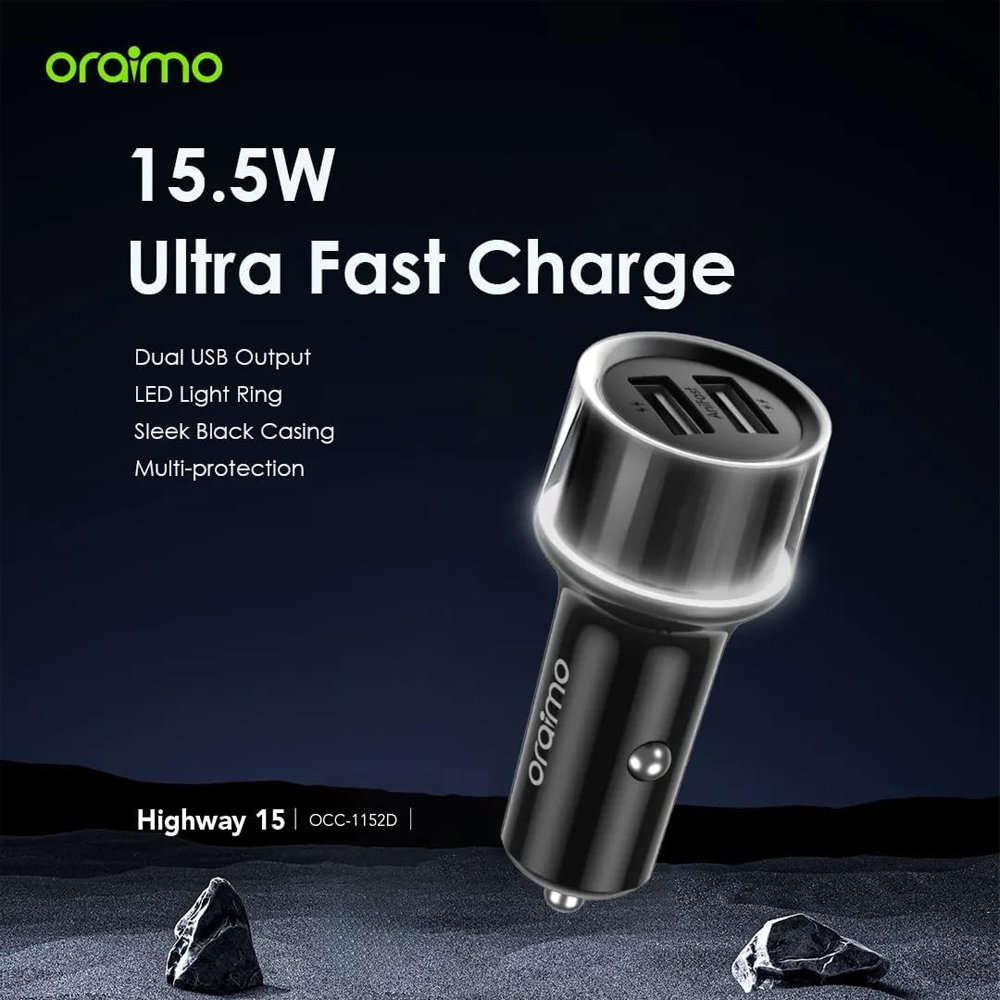 Oraimo OCC-1152D Dual USB 15.5W Fast Car Charger With 3-in-1 Cable - Black