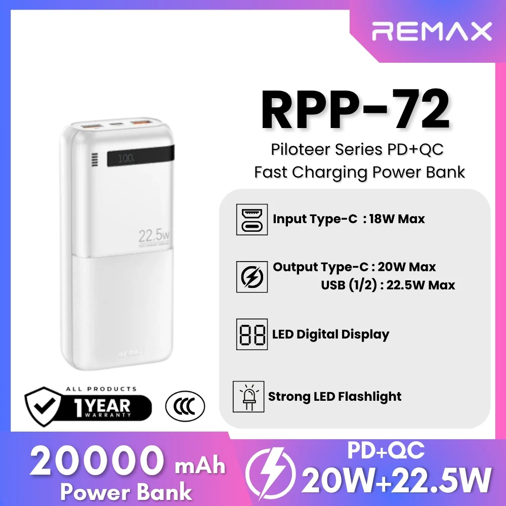 Remax RPP-72 Piloteer Series Power Bank 20000mAh 20W+22.5W - Black