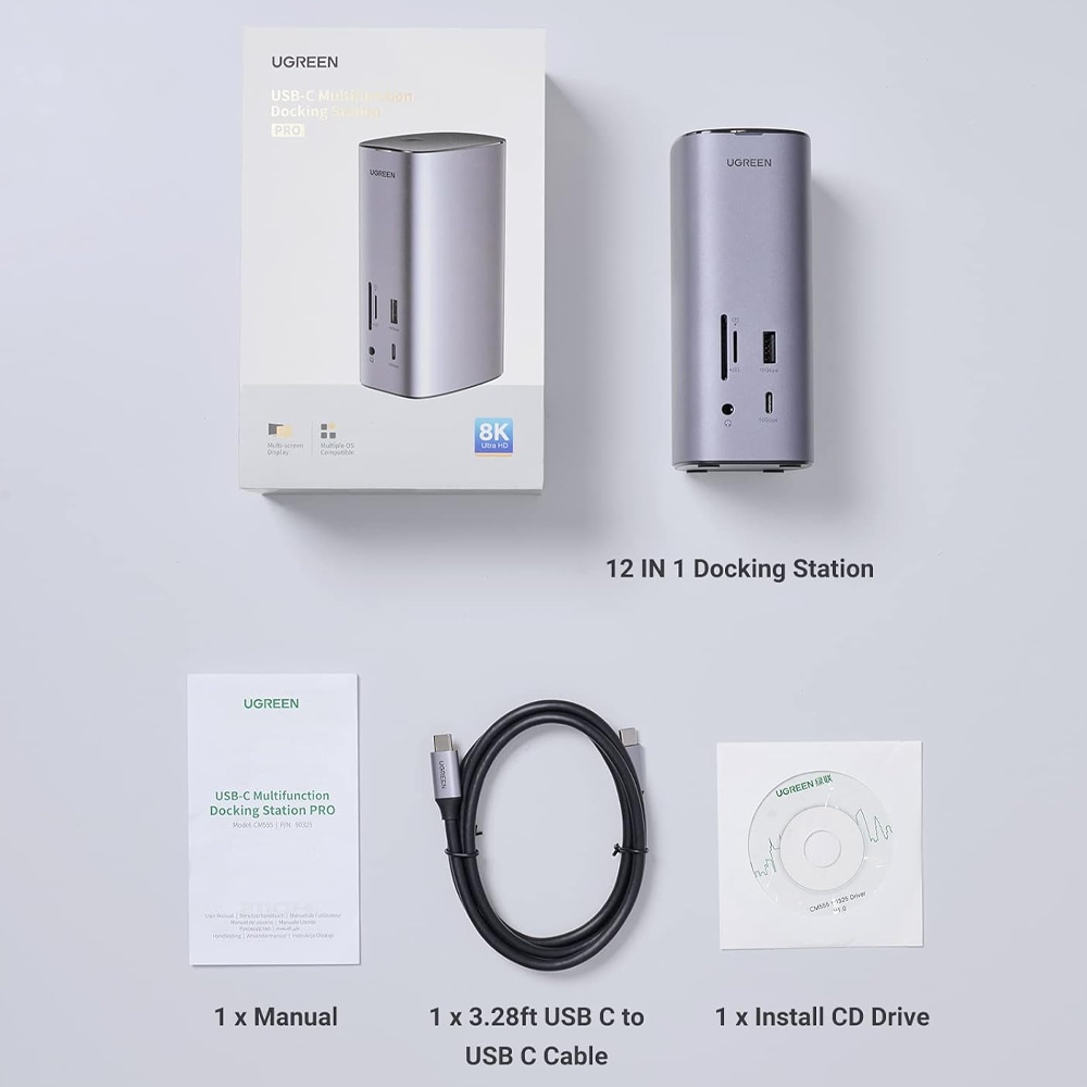 Ugreen 90325 CM555 12-in-1 Type-C Multifunction Docking Station (Type-C - 3 USB 3.0 - 3.5mm Audio - SD/TF Card Slot - Display - 2 HDMI - RJ45)